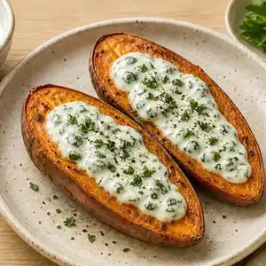 Patata dolce ripiena di tofu e spinaci