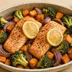 Salmone con patata dolce e broccoli